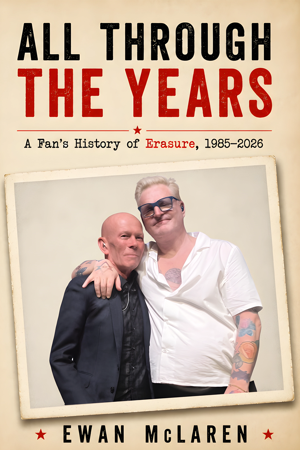 All Through the Years: A Fan's History of Erasure, 1985–2026, by Ewan McLaren — book cover showing Vince Clarke and Andy Bell